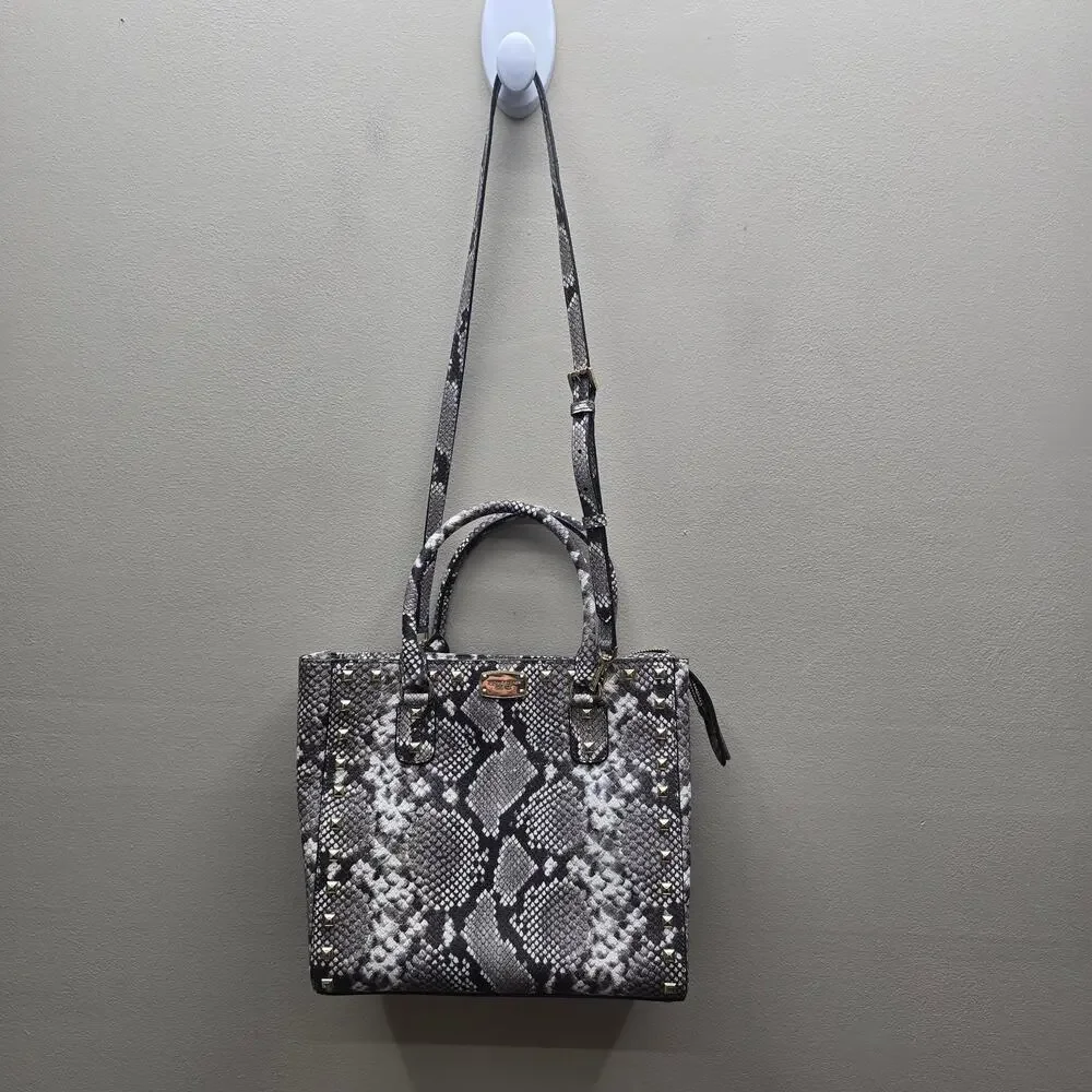 Michael Kors Studded Snake-Print Satchel Tote Bag Shoulder Crossbody Grey White